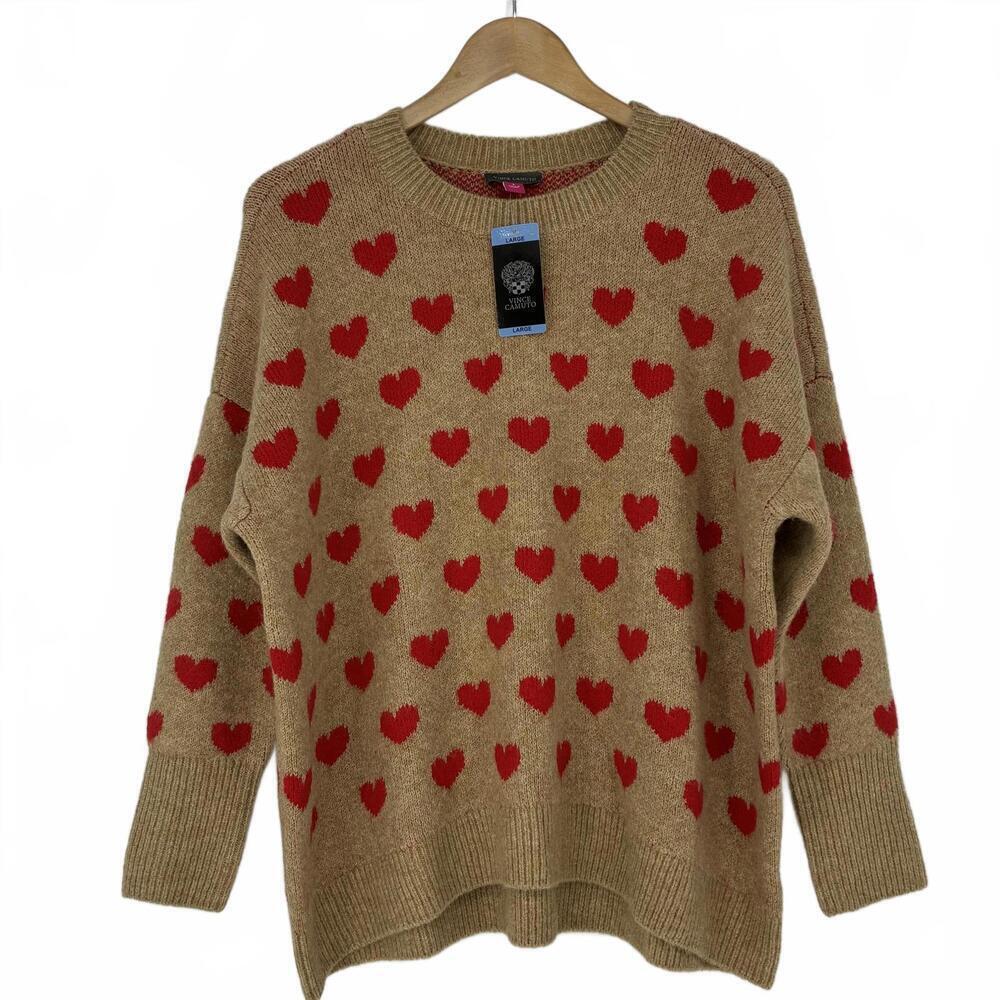 Vince Camuto Women's Large Tan Sweater with Red Hearts Love Valentine's Day